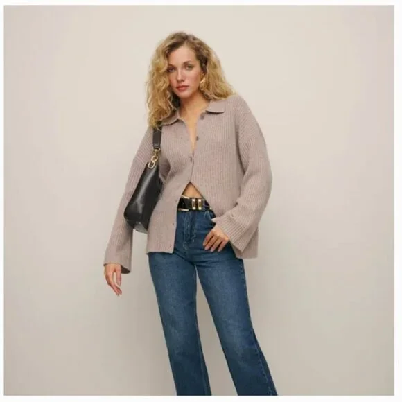 Reformation Fantino Cashmere Collared Cardigan in Oatmeal - Picture 2 of 4